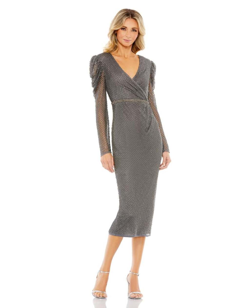 Mac Duggal 93674 Dress Beaded Mutton Sleeve Midi Sheath Charcoal Gray NWT 0